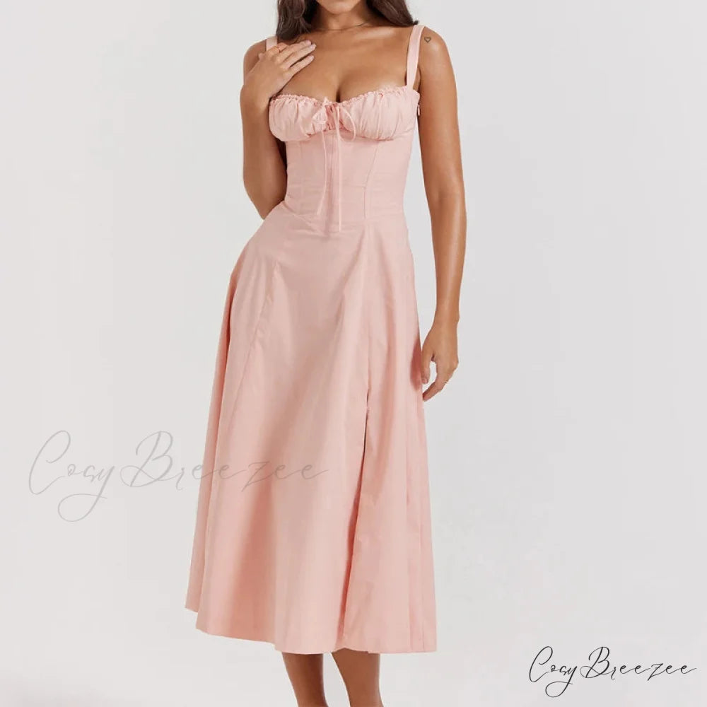 Boho Spaghetti Straps Tie Front Floral Dress Pink / S