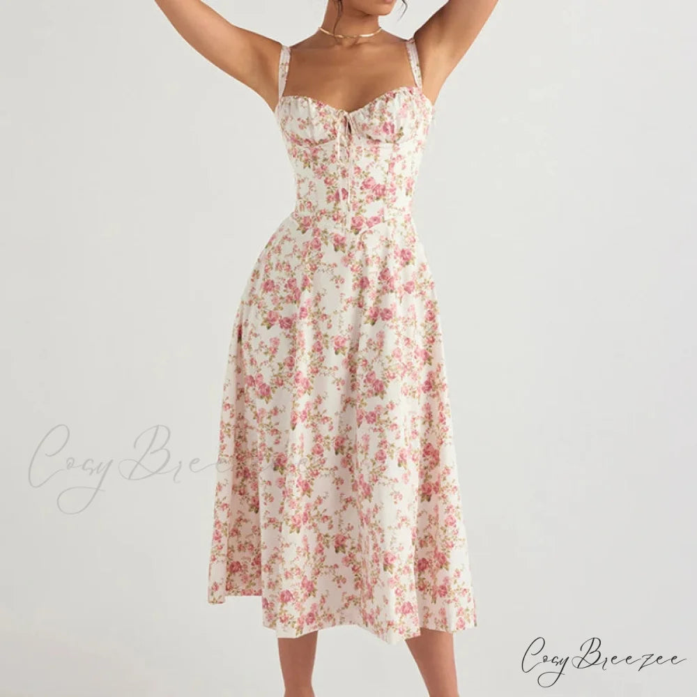 Boho Spaghetti Straps Tie Front Floral Dress Red Floral / S