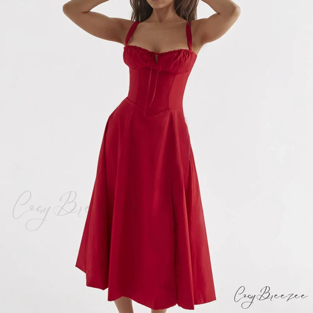 Boho Spaghetti Straps Tie Front Floral Dress Red / S
