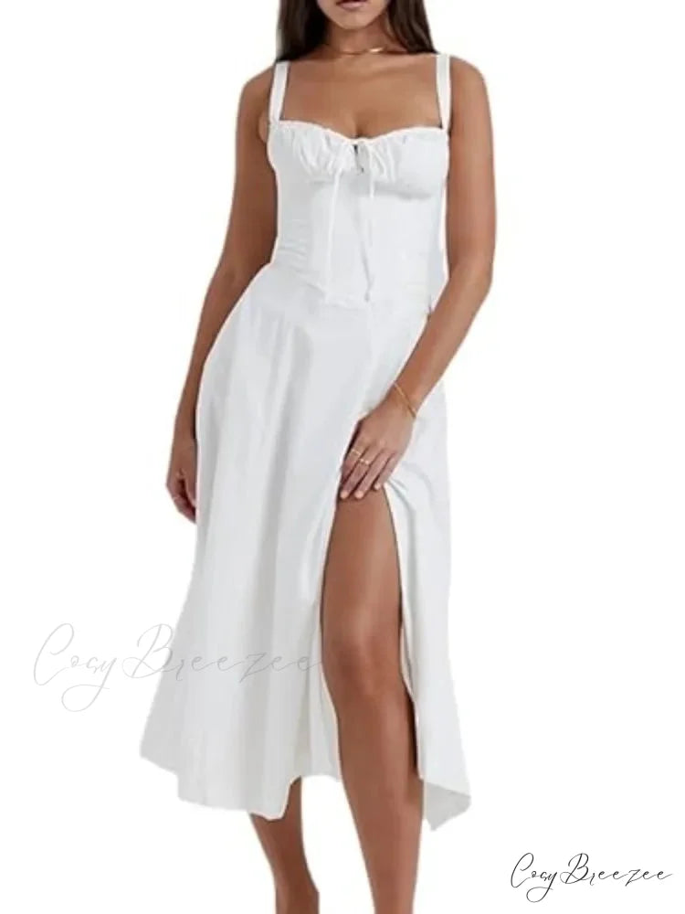 Boho Spaghetti Straps Tie Front Floral Dress White / S