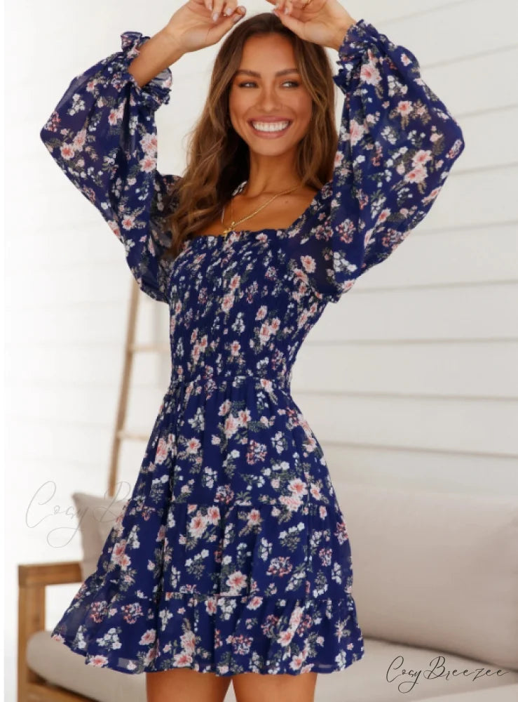 Boho Square Collar Short Dress Vintage Beach Dress with Long Lantern Sleeves M / RED