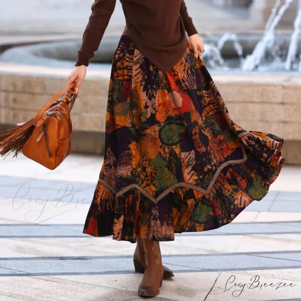 Boho Style Maxi Skirts Painting Printing Design Romantic Retro A-line Mixed color / M skirt-250126