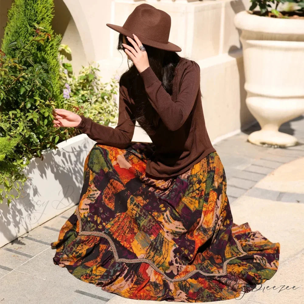 Boho Style Maxi Skirts Painting Printing Design Romantic Retro A-line skirt-250126