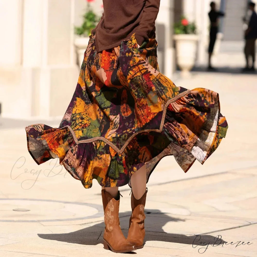 Boho Style Maxi Skirts Painting Printing Design Romantic Retro A-line skirt-250126