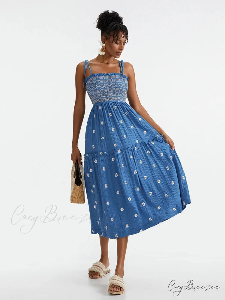 Boho Summer Flower Embroidery Tie-Up Shoulder Shirred A-Line Dress BLUE1 / S floraldress-250126