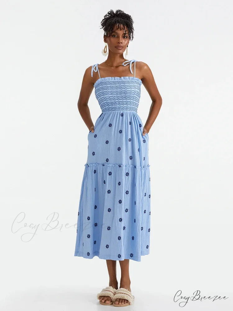 Boho Summer Flower Embroidery Tie-Up Shoulder Shirred A-Line Dress BLUE3 / S floraldress-250126