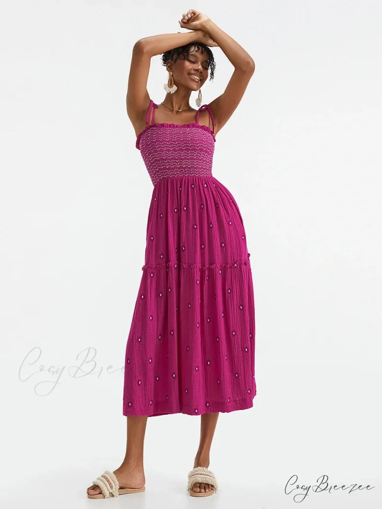 Boho Summer Flower Embroidery Tie-Up Shoulder Shirred A-Line Dress floraldress-250126