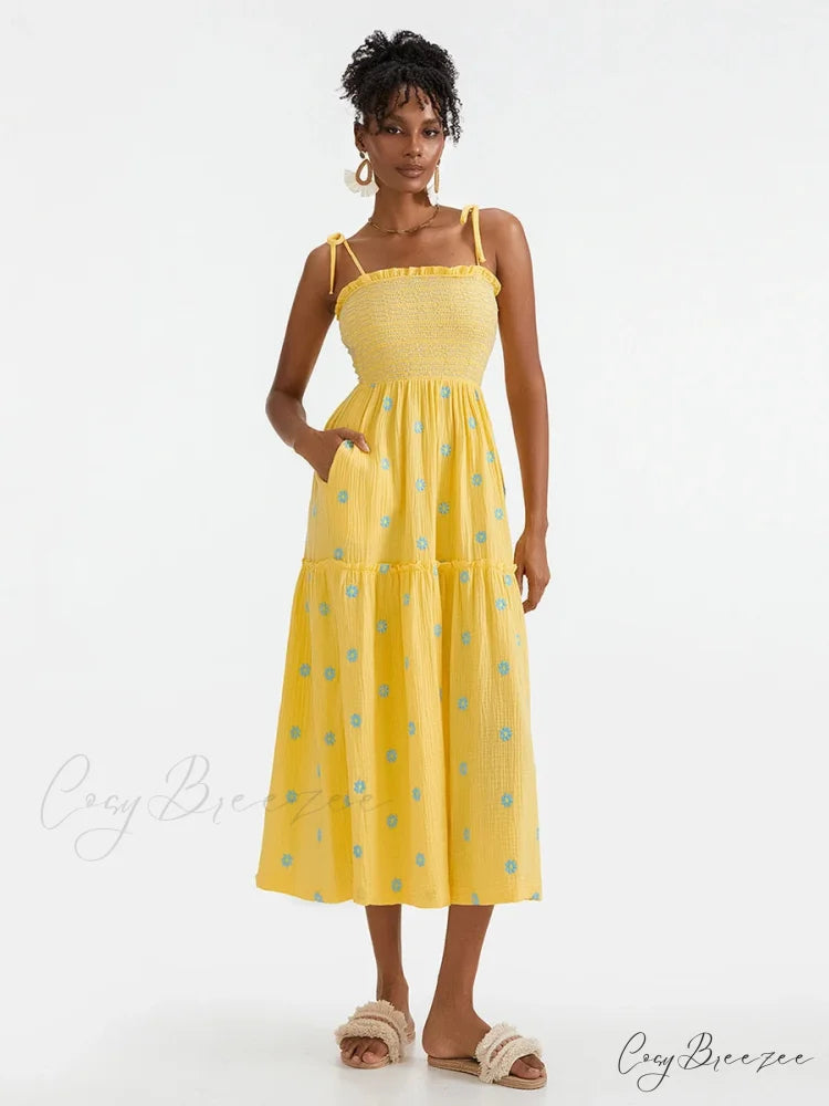 Boho Summer Flower Embroidery Tie-Up Shoulder Shirred A-Line Dress floraldress-250126