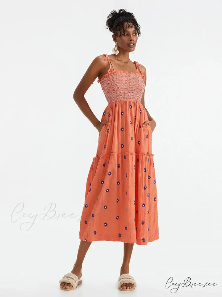 Boho Summer Flower Embroidery Tie-Up Shoulder Shirred A-Line Dress ORANGE / S floraldress-250126