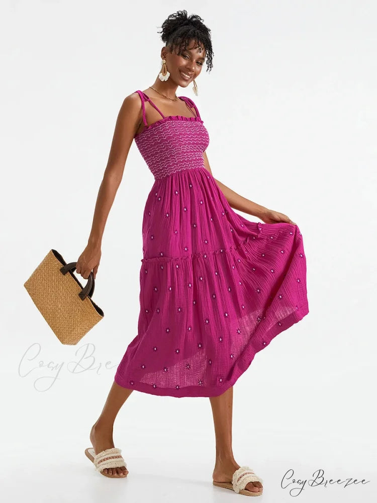 Boho Summer Flower Embroidery Tie-Up Shoulder Shirred A-Line Dress PINK1 / S floraldress-250126