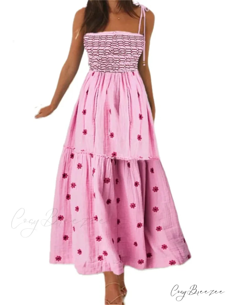 Boho Summer Flower Embroidery Tie-Up Shoulder Shirred A-Line Dress PINK2 / S floraldress-250126