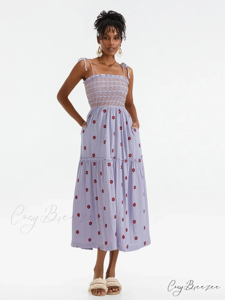 Boho Summer Flower Embroidery Tie-Up Shoulder Shirred A-Line Dress PURPLE / S floraldress-250126
