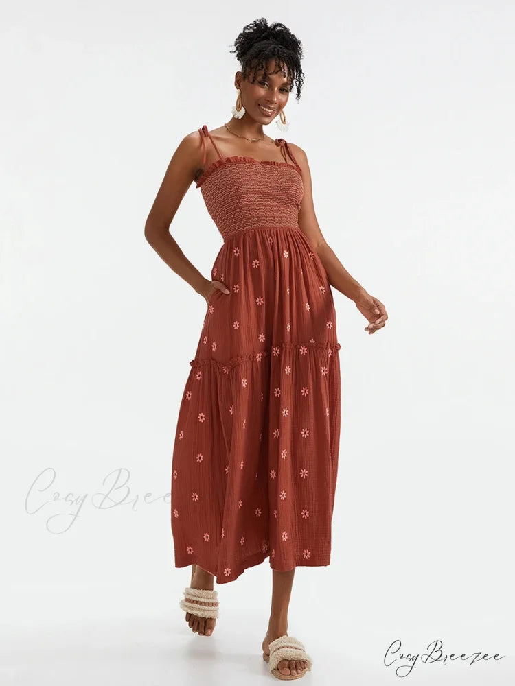 Boho Summer Flower Embroidery Tie-Up Shoulder Shirred A-Line Dress RED1 / S floraldress-250126