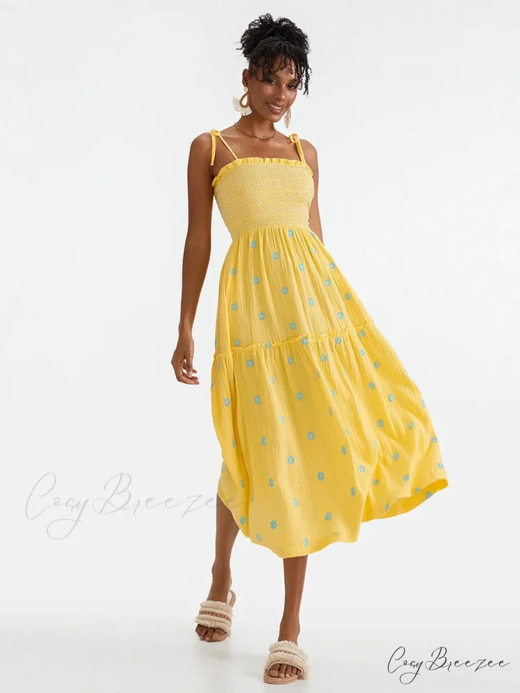 Boho Summer Flower Embroidery Tie-Up Shoulder Shirred A-Line Dress YELLOW / S floraldress-250126