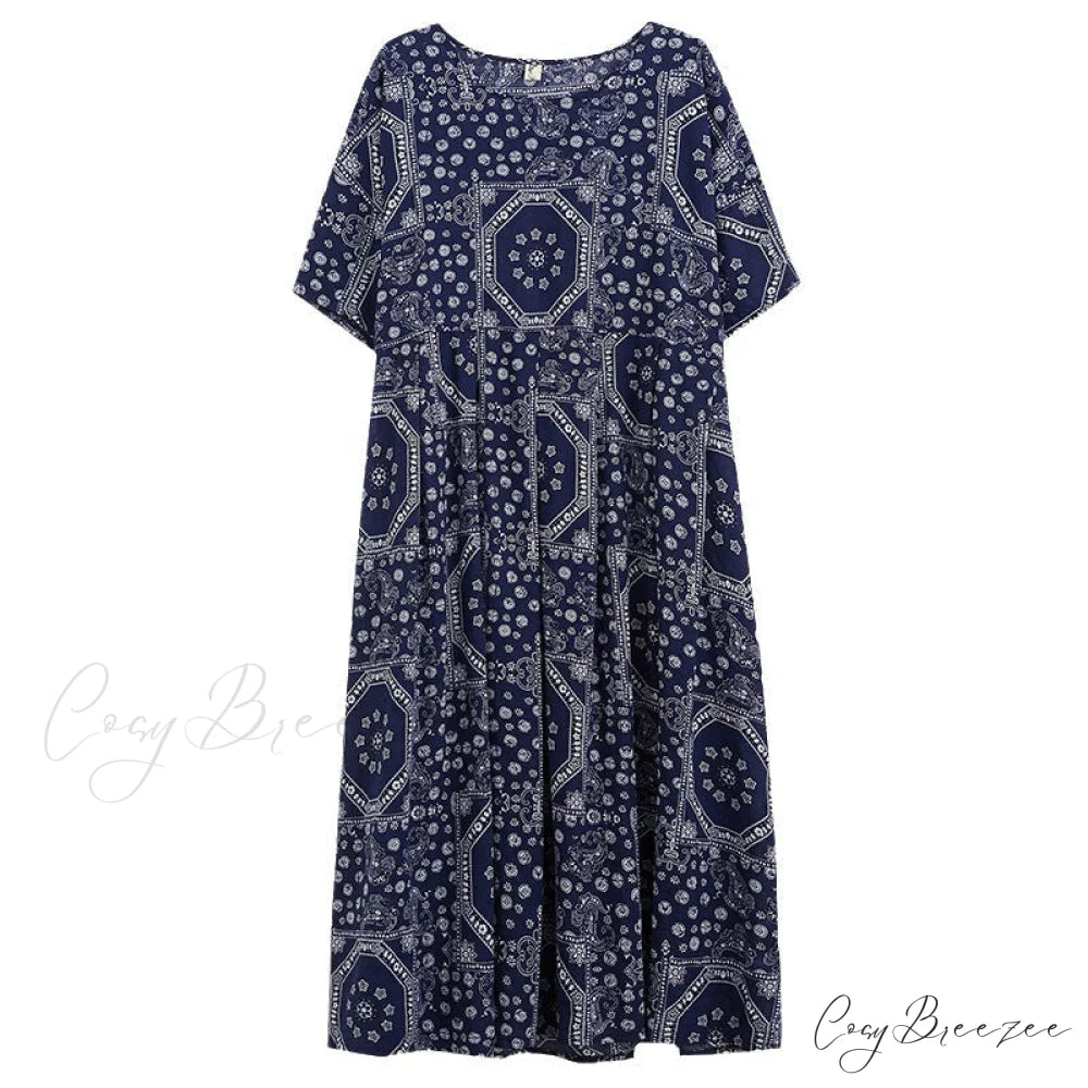 Boho Swing House Dress with Pockets in Blue Print