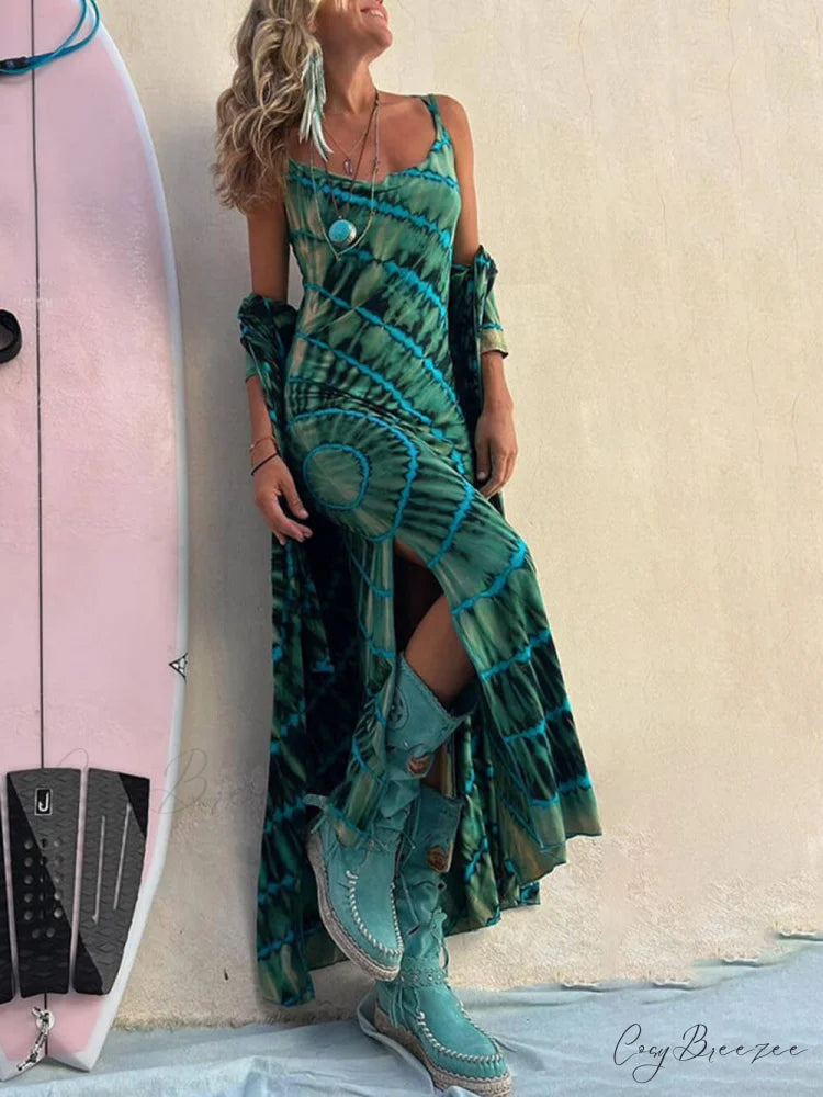 Boho Tie-dye Print Charming Slit Midi Dress Green / S