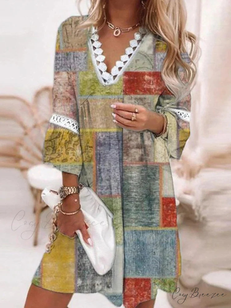 Boho Tunic Swing Dress with 3/4 Sleeves and V Neck S / White