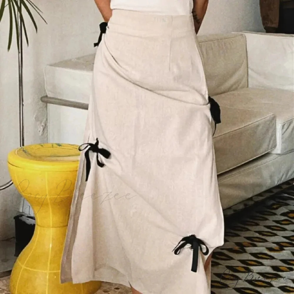 Bow Applique Stylish Long Skirt APRICOT / S