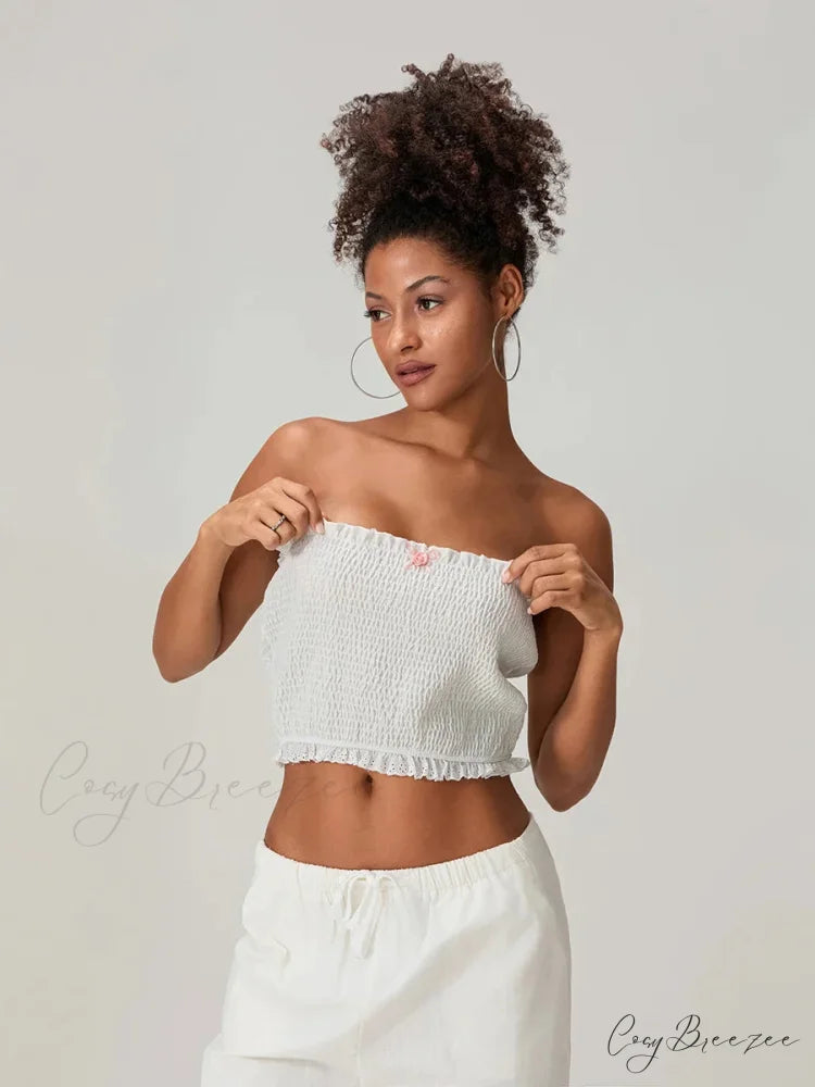 Bow Lace Smocked Strapless Backless Crop Bandeau Top croptop-250126