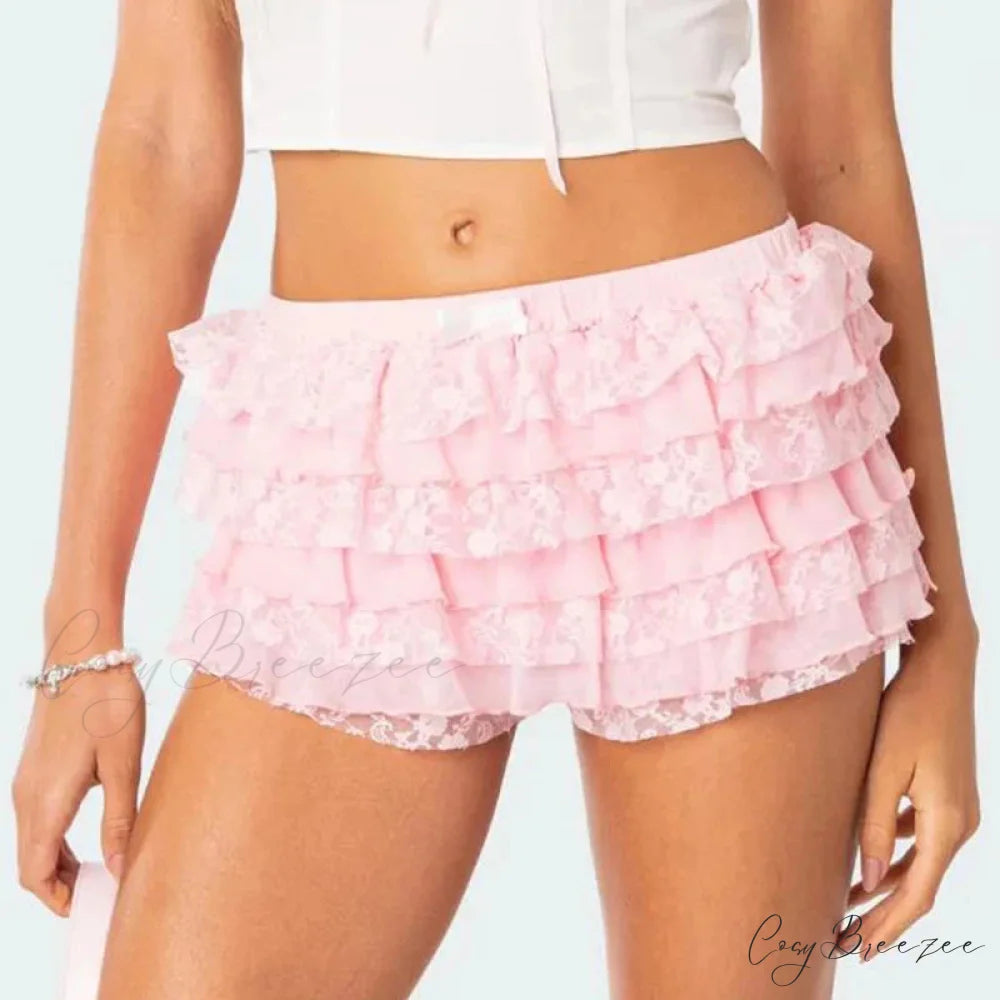 Bow Lace Trim Harajuku Shorts pink / S short-250223