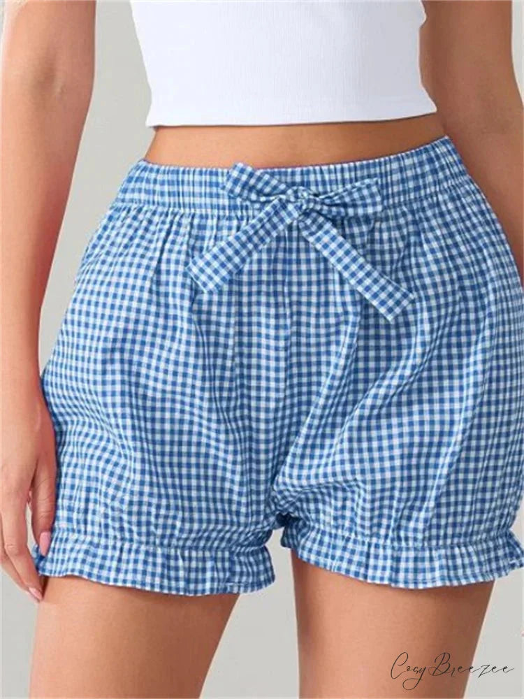 Bow Plaid Dots Bloomer Shorts blue / S short-250223