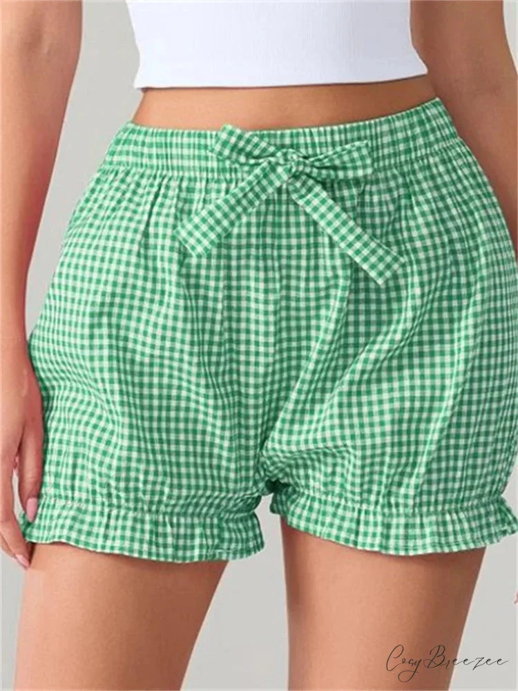 Bow Plaid Dots Bloomer Shorts green / S short-250223