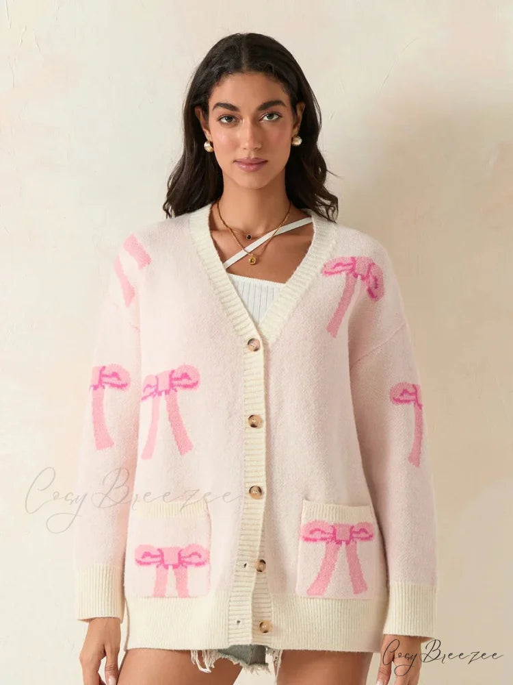 Bow Print Button Cardigan