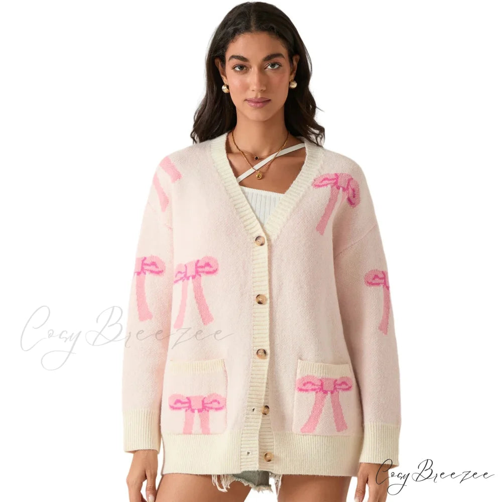Bow Print Button Cardigan Beige / S