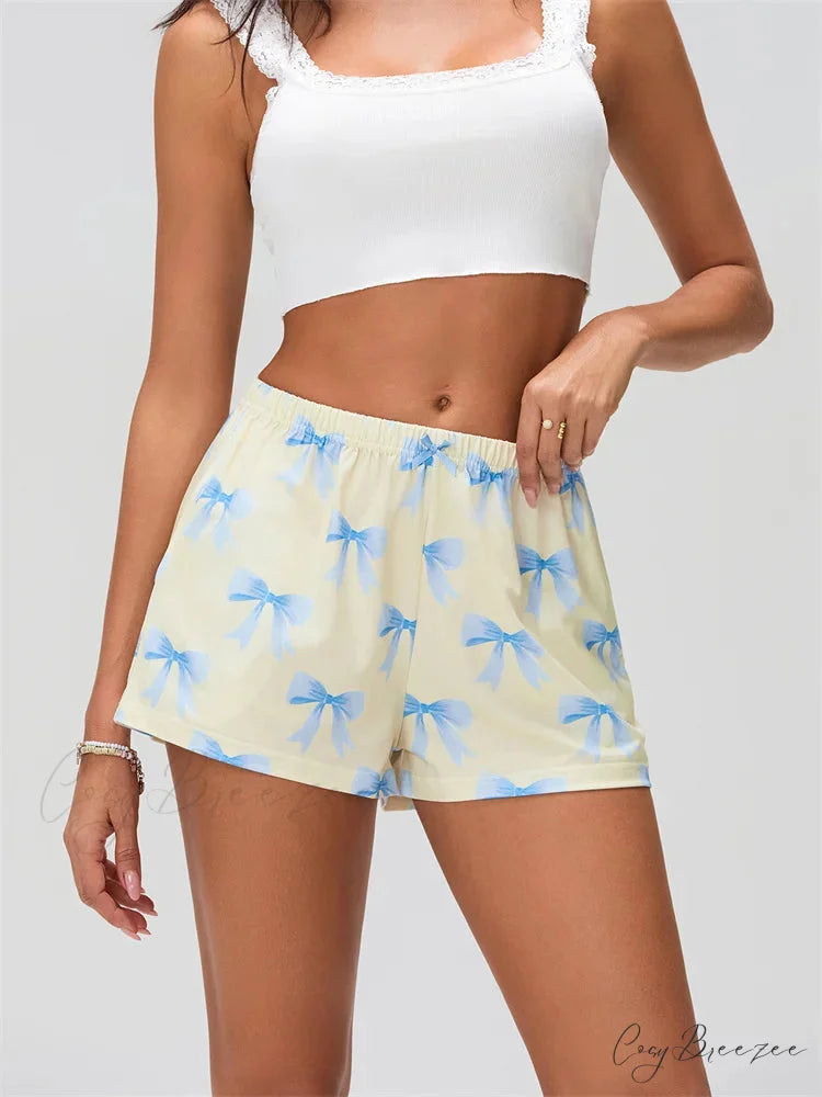 Bow Print Elastic Sleep Shorts short-250223