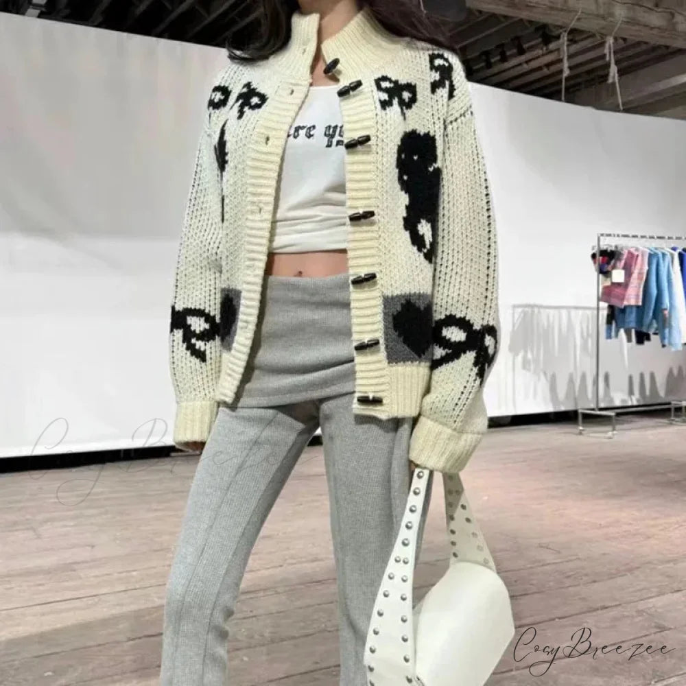 Bow Print Loose O-neck Cardigan White / S