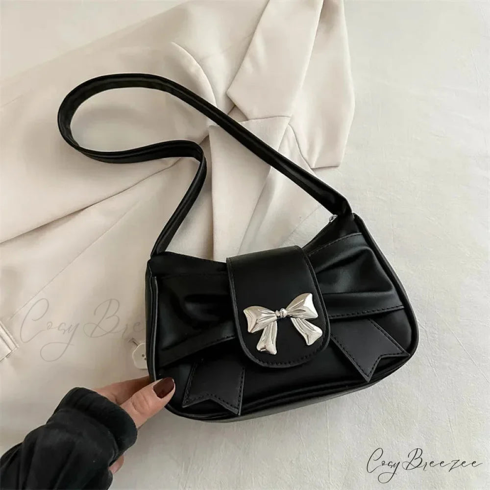 Bow PU Leather Casual Handbag Black shoulder-250126