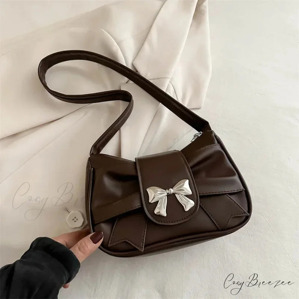 Bow PU Leather Casual Handbag Brown shoulder-250126