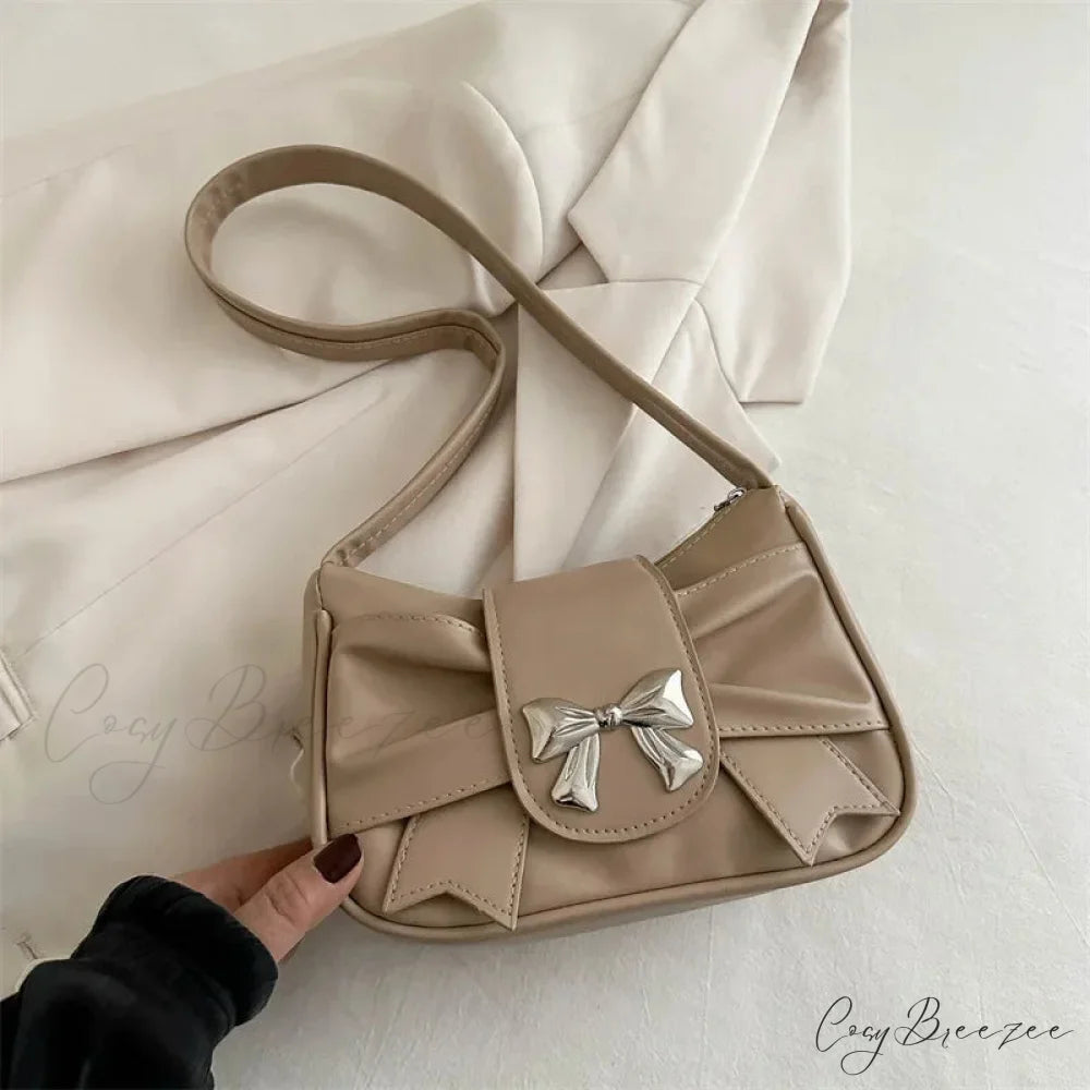 Bow PU Leather Casual Handbag Khaki shoulder-250126