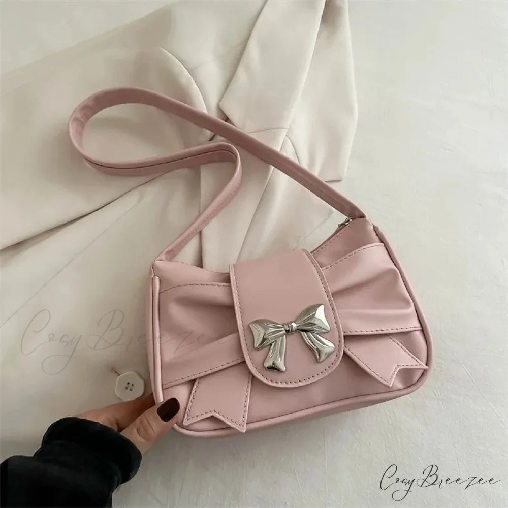 Bow PU Leather Casual Handbag Pink shoulder-250126