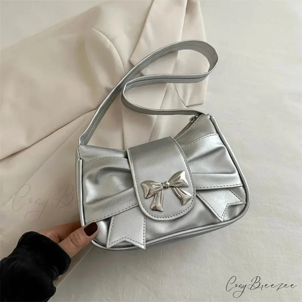 Bow PU Leather Casual Handbag Silver shoulder-250126