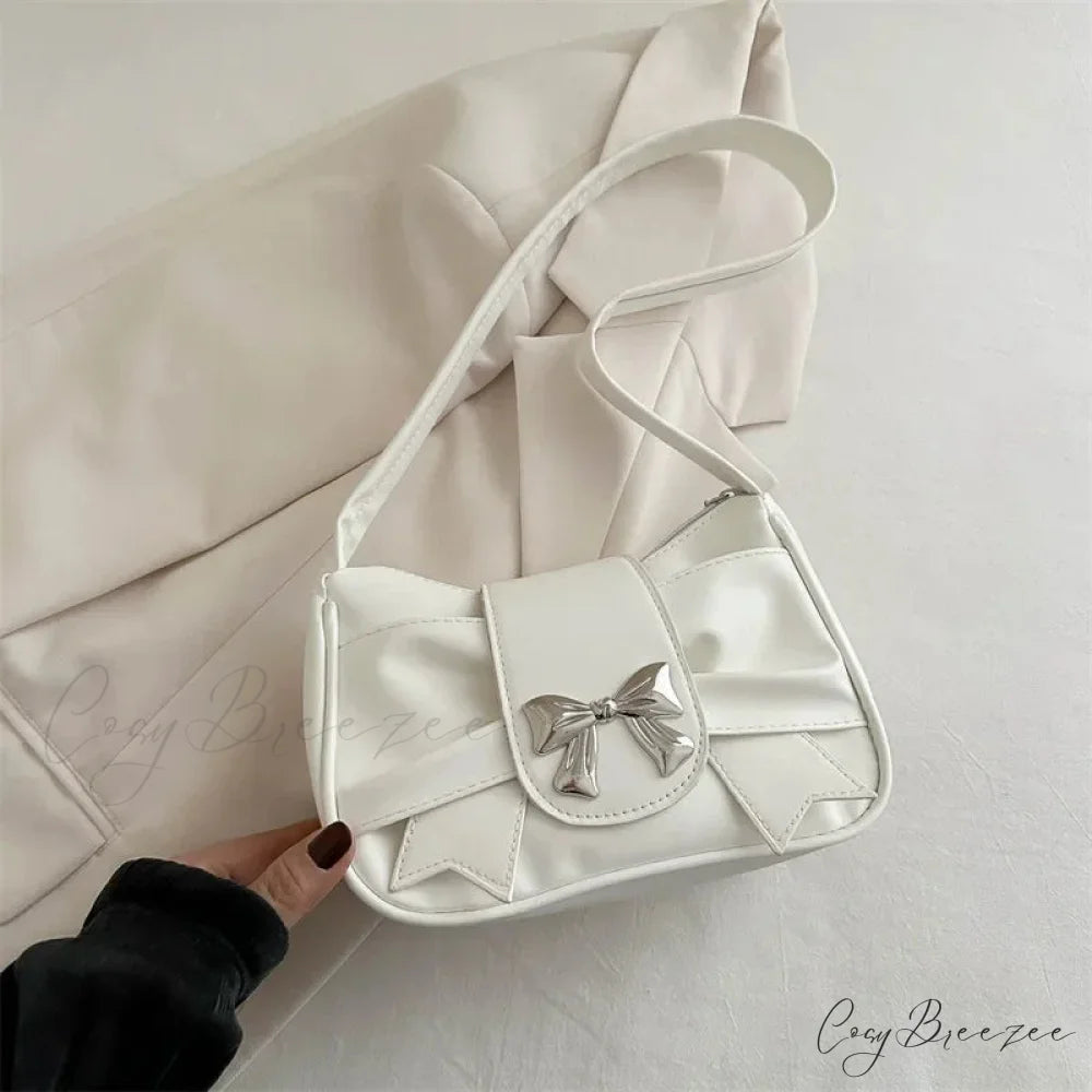 Bow PU Leather Casual Handbag White shoulder-250126