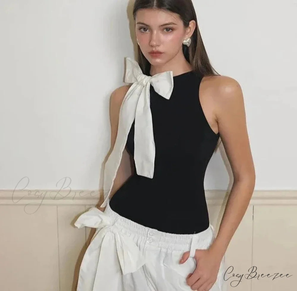 Bow Round Stylish Neck Sleeveless Top