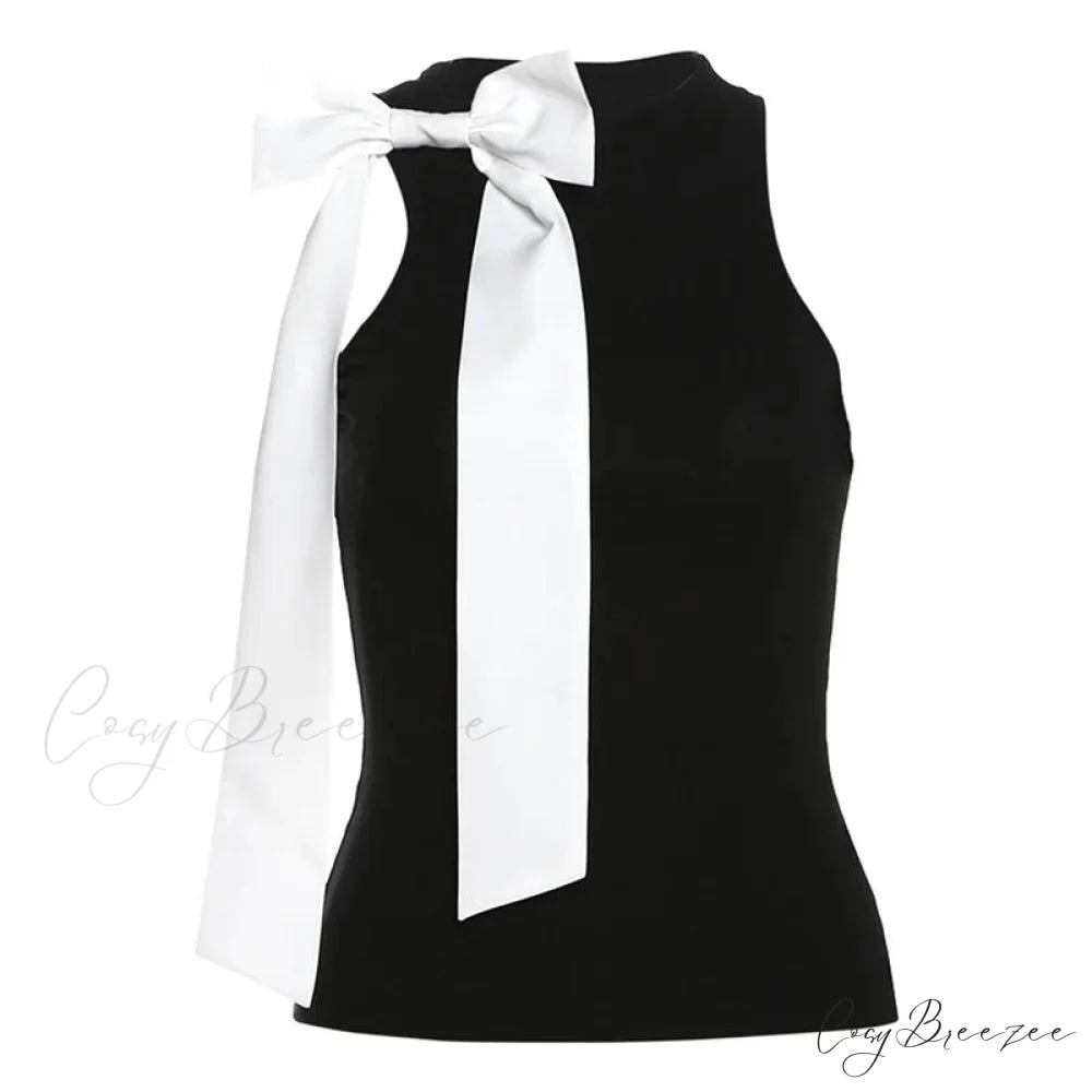 Bow Round Stylish Neck Sleeveless Top Black / L