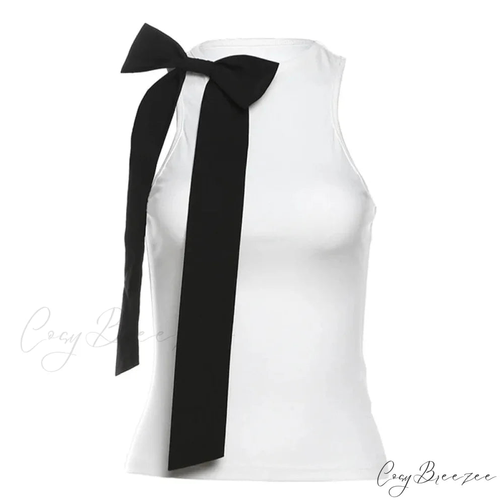 Bow Round Stylish Neck Sleeveless Top WHITE / L