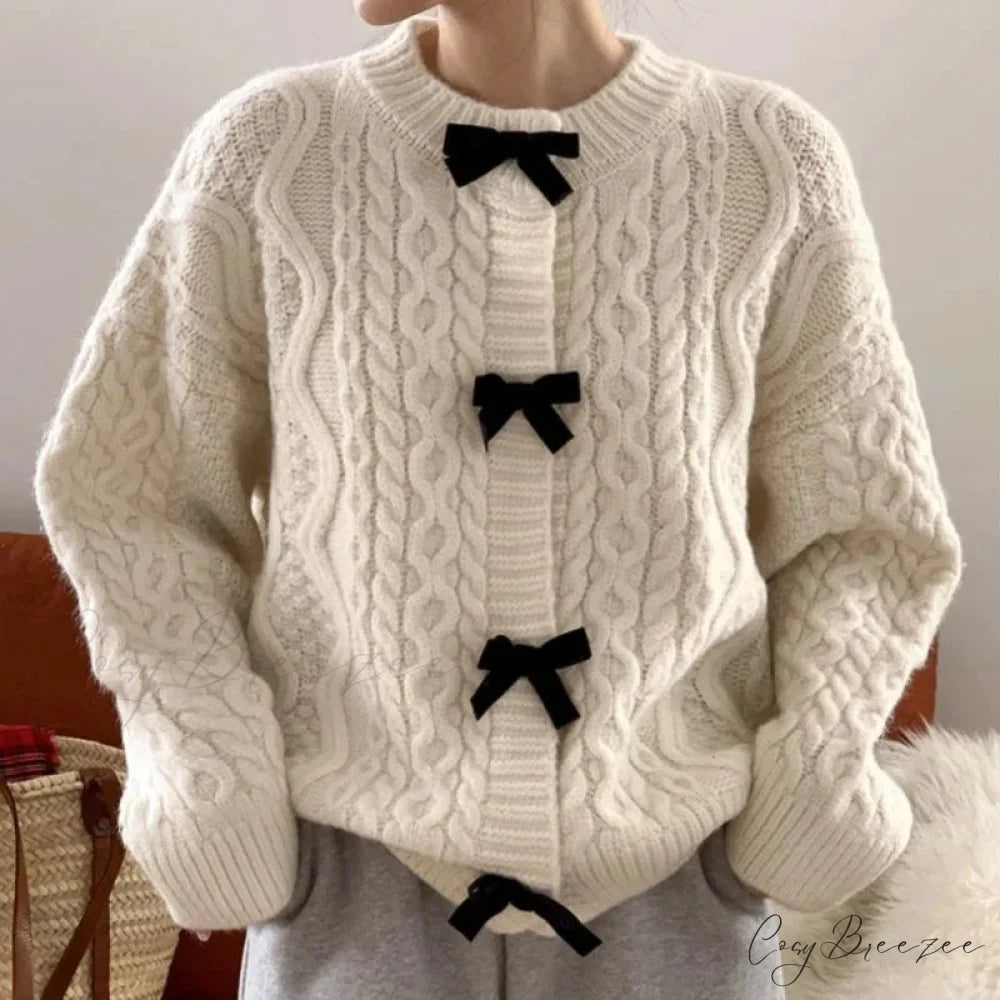 Bow Sweater Autumn Winter Knit Cardigan Beige / One Size