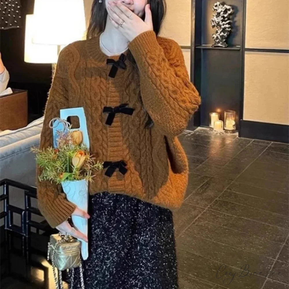 Bow Sweater Autumn Winter Knit Cardigan Brown / One Size