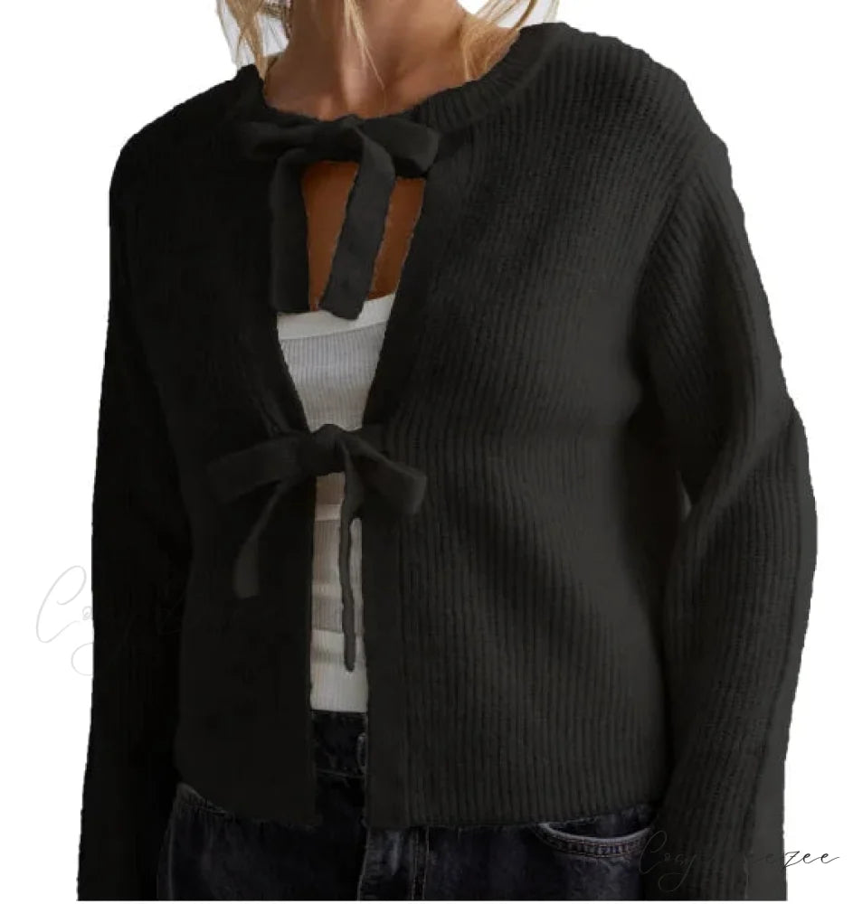 Bow Tie Front Crew Neck Knit Cardigan black / S cardigans-241228