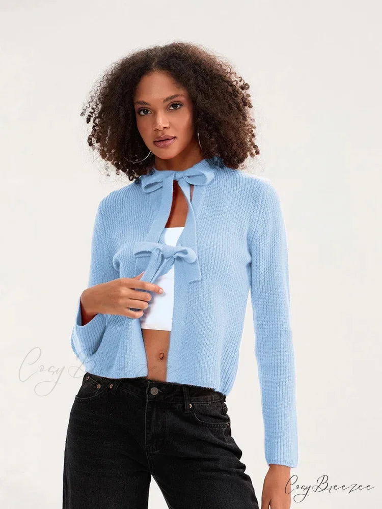 Bow Tie Front Crew Neck Knit Cardigan blue / S cardigans-241228