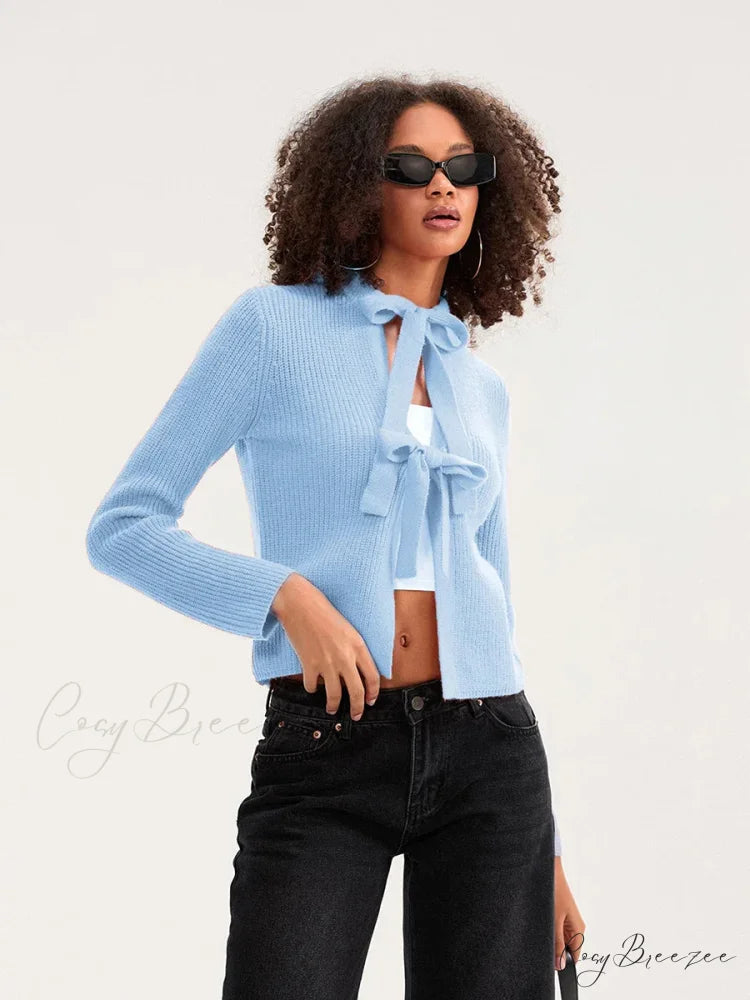 Bow Tie Front Crew Neck Knit Cardigan cardigans-241228