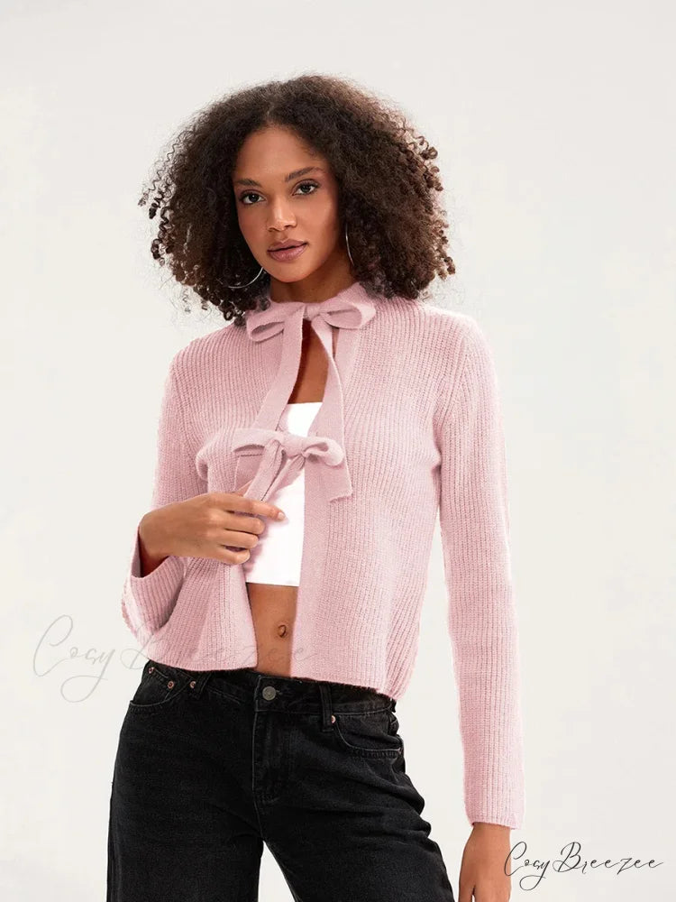 Bow Tie Front Crew Neck Knit Cardigan cardigans-241228
