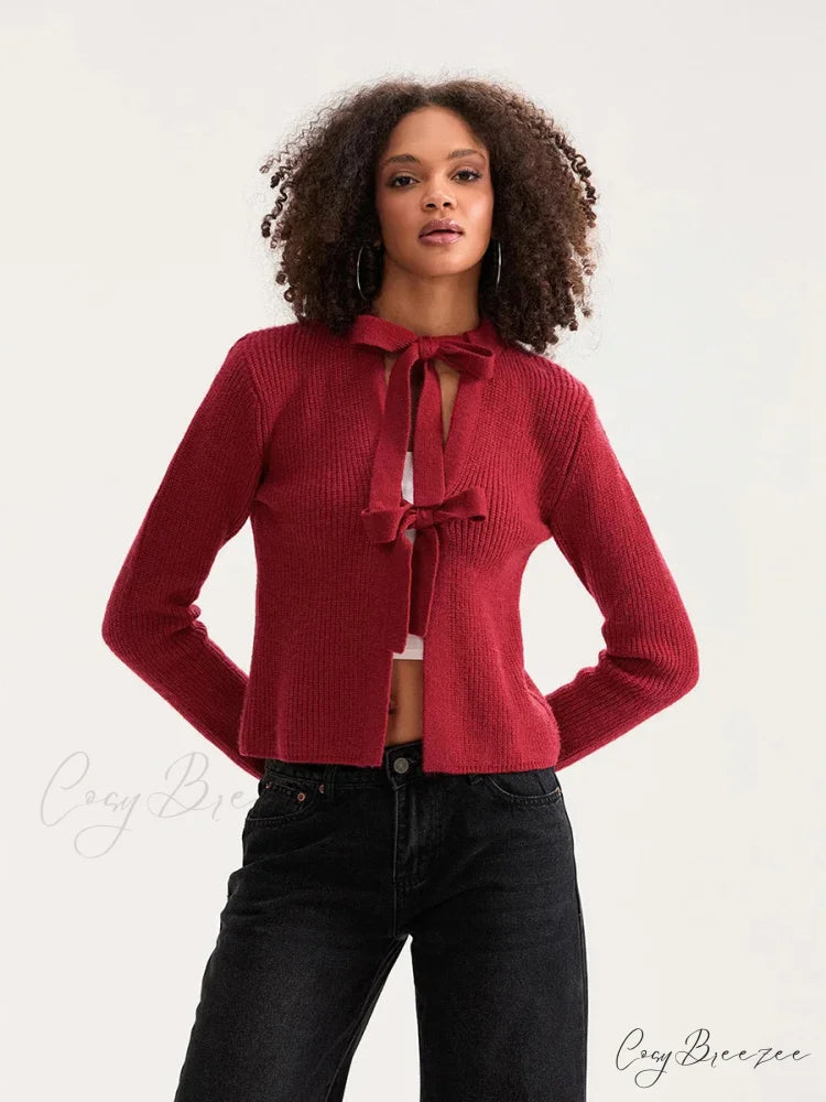 Bow Tie Front Crew Neck Knit Cardigan cardigans-241228