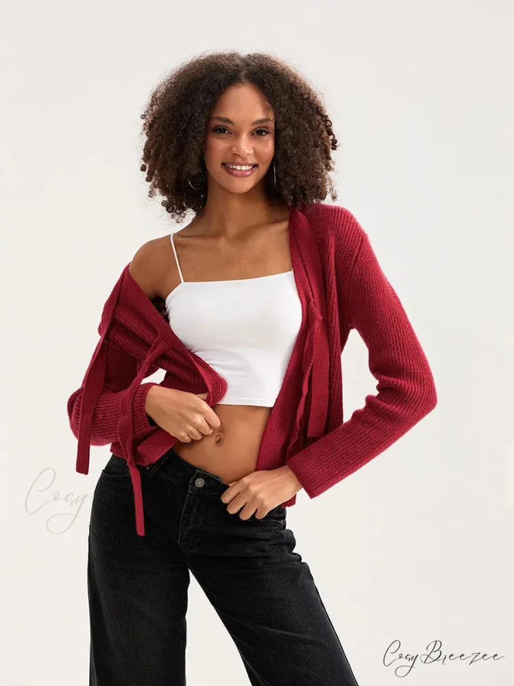 Bow Tie Front Crew Neck Knit Cardigan cardigans-241228