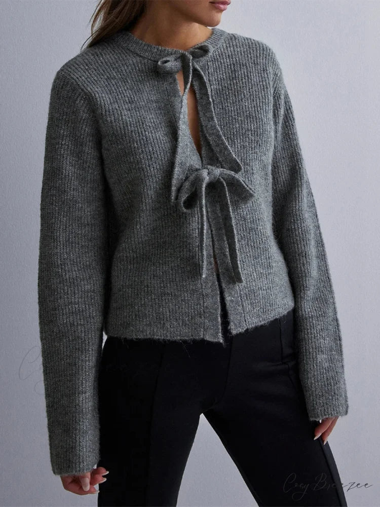 Bow Tie Front Crew Neck Knit Cardigan darkgrey / S cardigans-241228