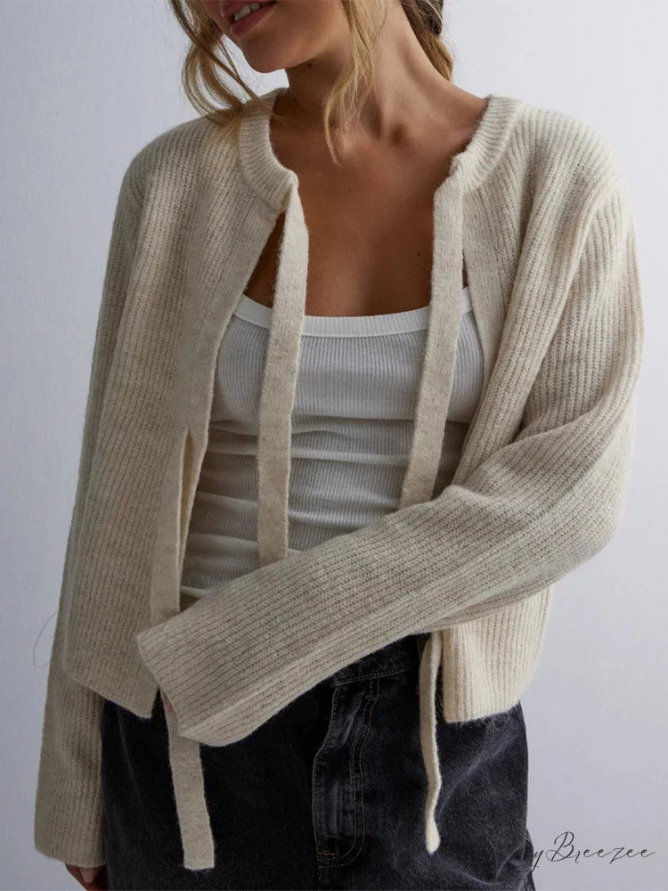 Bow Tie Front Crew Neck Knit Cardigan gray / S cardigans-241228