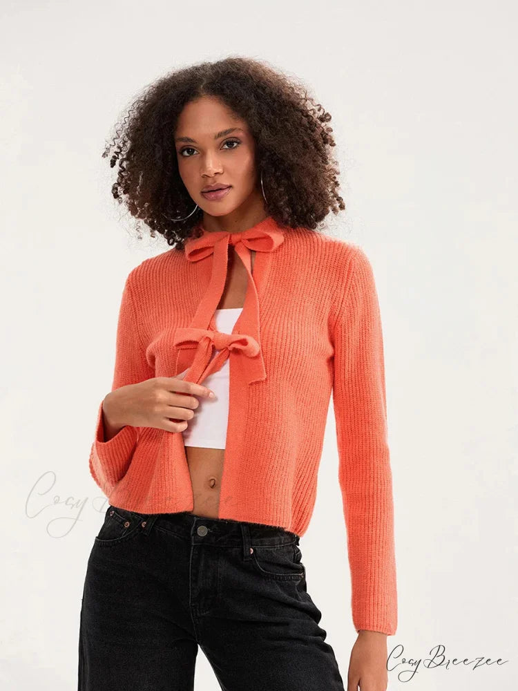 Bow Tie Front Crew Neck Knit Cardigan orange / S cardigans-241228